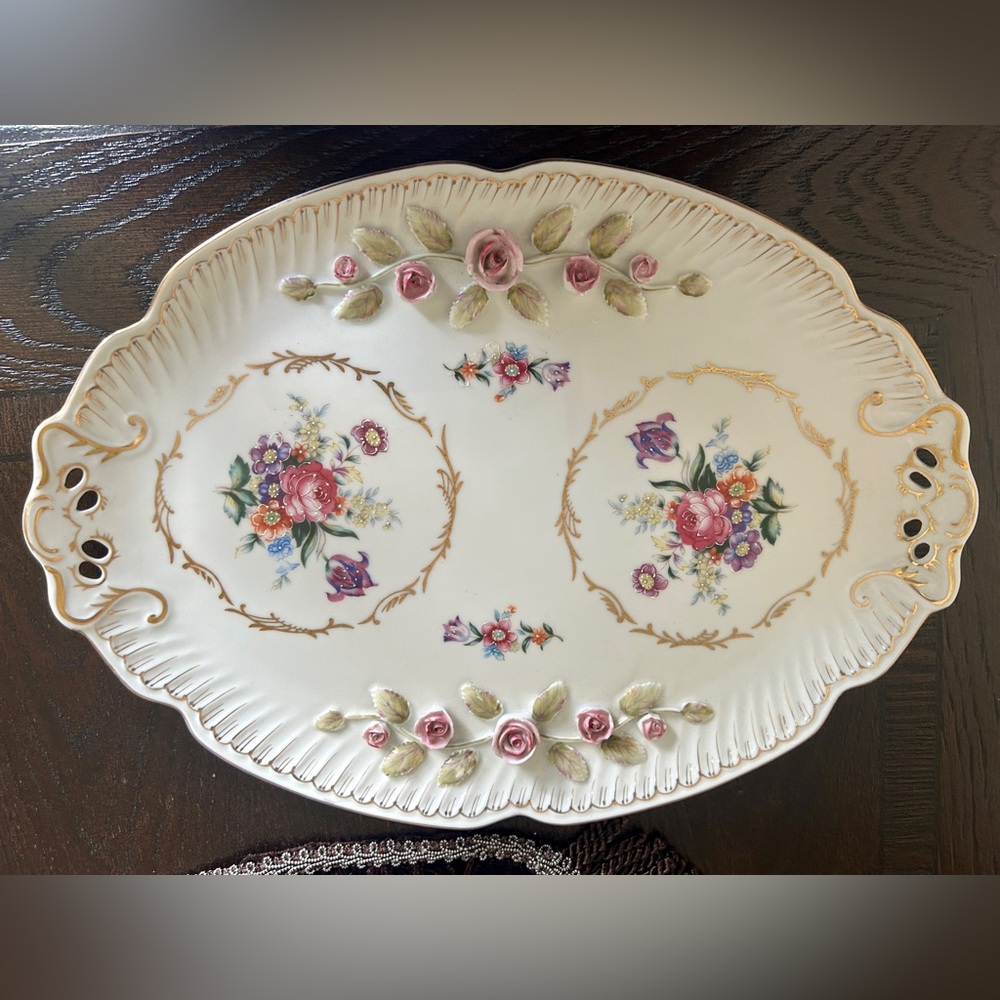 Vintage Large 16” Hand Painted Porcelain Ceramic Perfume Tray Made in Germany - Picture 4 of 13